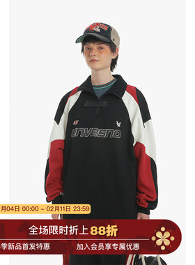 Unvesno (UN) Blockcore风撞色拼接拉链翻领秋冬加绒卫衣保暖