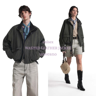 Unvesno 苍山绿中古皮领洗褪短廓型飞行夹克外套 复古洗水