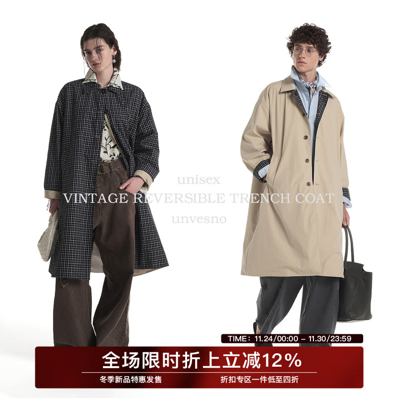 【双面穿】Unvesno(UN)Miu风复古格纹宽松廓形长款风衣外套保暖