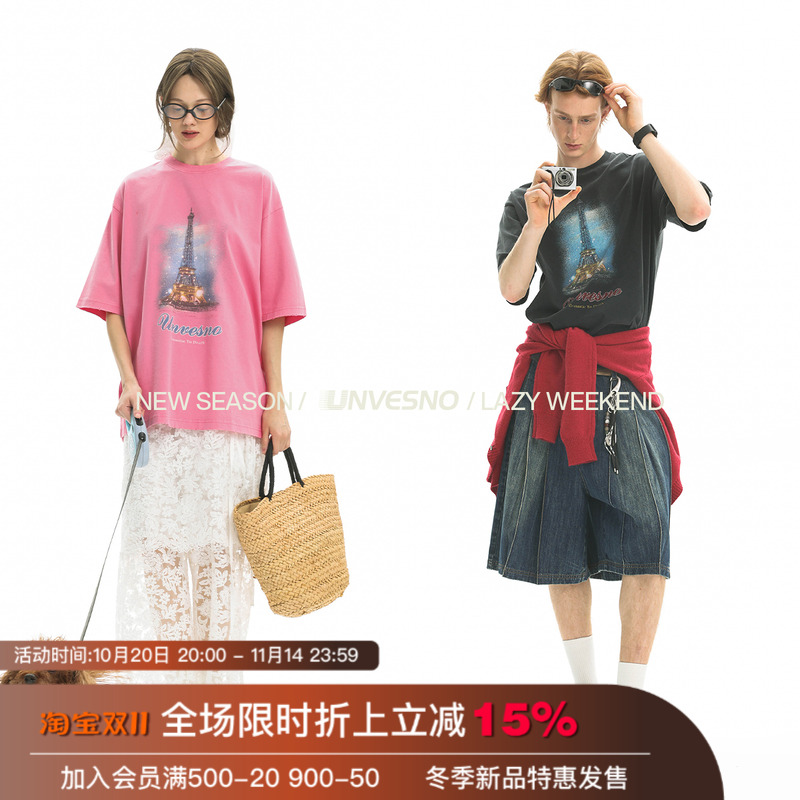 Unvesno(UN) NewVintage巴黎铁塔水洗做旧圆领宽松男女短袖T恤