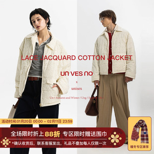 【定制提花蕾丝】Unvesno(UN) 白色浪漫肌理镂空翻领羽绒棉服外套