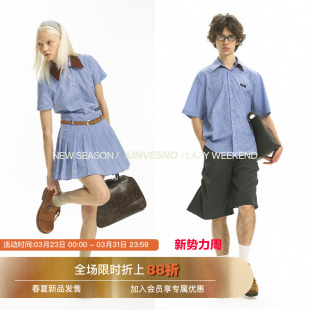 可拆卸换领 及女款 Unvesno 学院感蓝色格子休闲衬衫 连衣裙