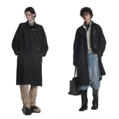 飞机扣复古保暖皮革拼接黑牛仔风衣外套 做旧水洗 Unvesno