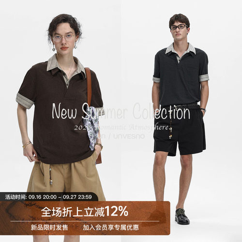 Unvesno(UN)Softfit老钱风翻领假两件拼接色织口袋条纹短袖polo衫