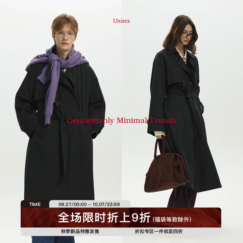 Unvesno(UN)中古赫本绅士Row风极简老钱薄款防风翻领双排扣风衣
