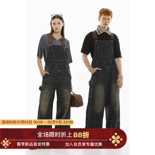 Unvesno (UN) 古着工装感复古中性洗水设计宽松背带牛仔长裤