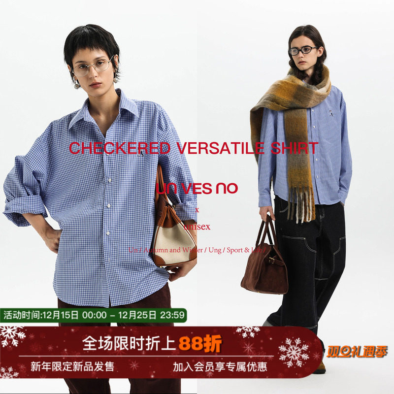 Unvesno(UN)百搭miu风高级感双人舞刺绣蓝格休闲衬衫秋 男女同款