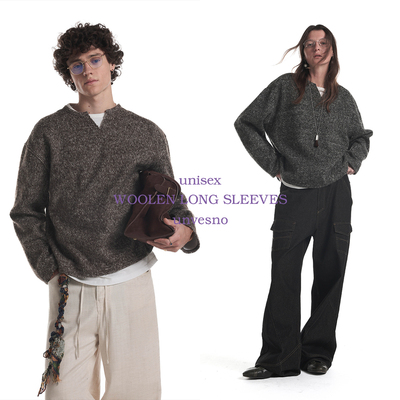 【假两件】Unvesno(UN)双色彩纱麻花羊毛混纺针织小V领长袖卫衣秋