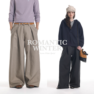 Unvesno 老钱风人字褶微宽宽松松弛阔腿条纹西裤 立体剪裁