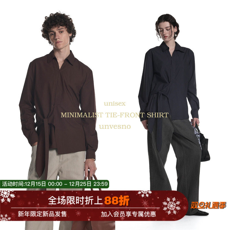 【多穿结构】Unvesno(UN)老钱色织做旧交叉系带收腰廓形长袖衬衫