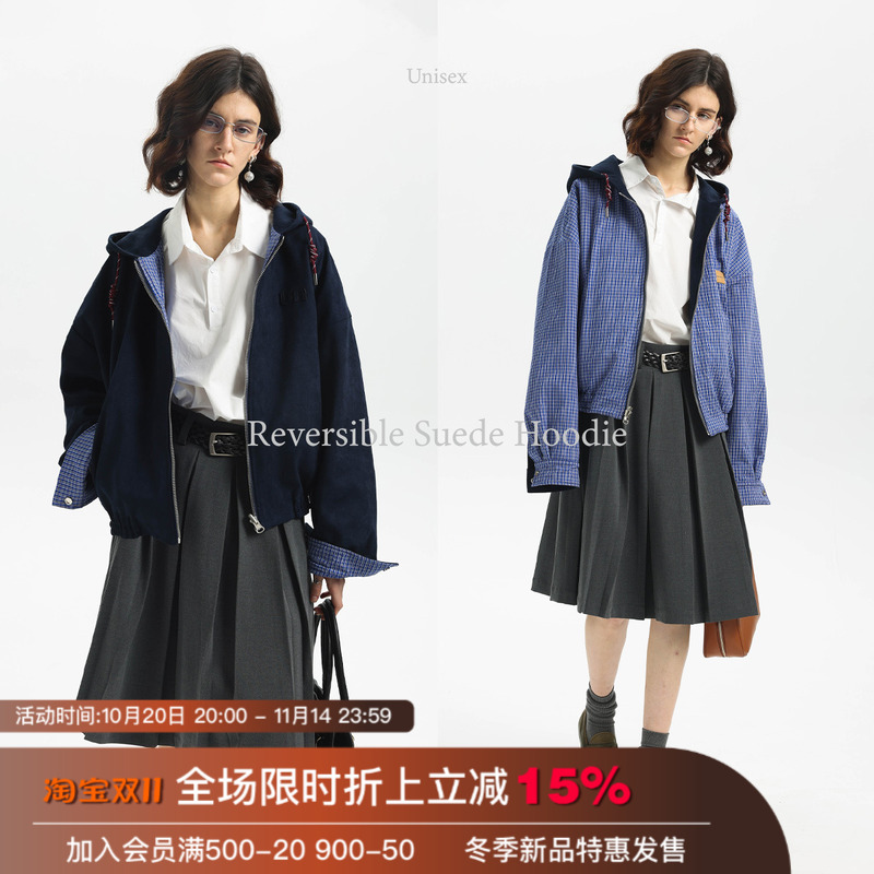 【双面穿】Unvesno(UN)25春夏miu风复古智感麂皮绒格纹帽衫外套