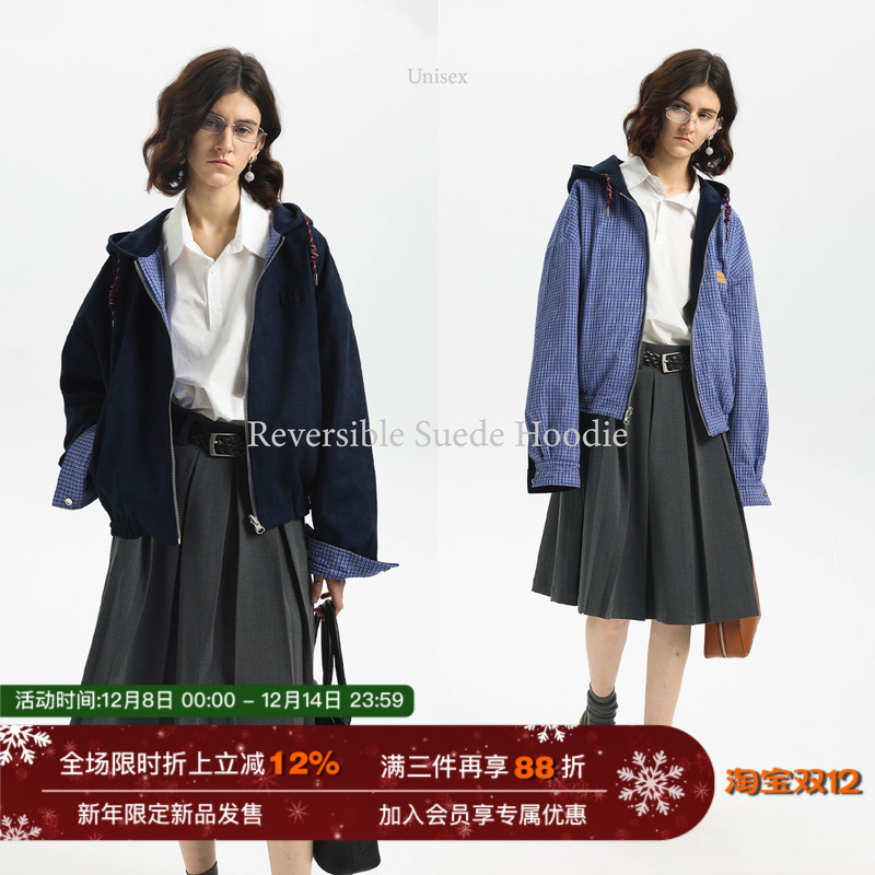 【双面穿】Unvesno(UN)25春夏miu风复古智感麂皮绒格纹帽衫外套