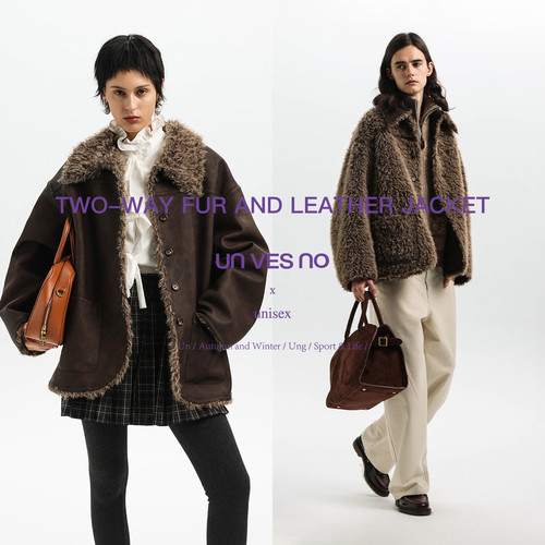 Unvesno(UN)巴恩风中古老钱手工檫色皮毛一体双面穿皮草保暖外套