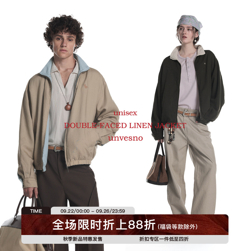 【双面穿】Unvesno(UN)老钱LP风莱塞尔亚麻混纺撞色马标刺绣夹克