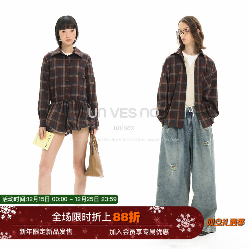 【两种版型】Unvesno(UN) 复古格纹宽松长袖衬衫花苞蓬蓬裙连衣裙