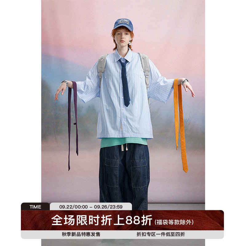 复古情侣款国潮牌领带短袖衬衫