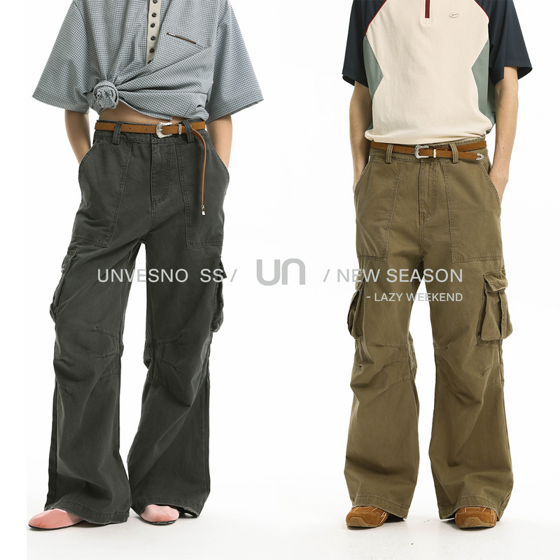 Unvesno(UN)废土风洗褪磨边多口袋阔腿裤收褶微喇工装裤 明星同款