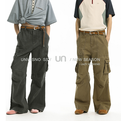 Unvesno(UN)废土风洗褪磨边多口袋阔腿裤收褶微喇工装裤 明星同款