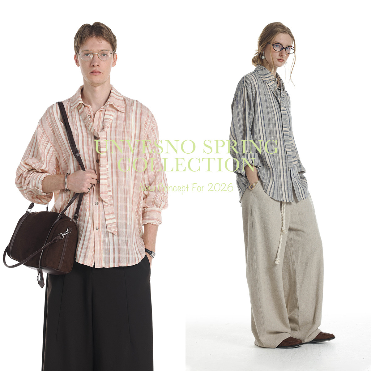 【领口系带设计】Unvesno(UN)高智感定制肌理宽松条纹男女款衬衫