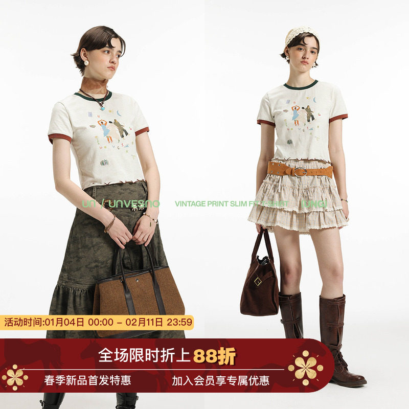 【手绘印花】Unvesno(UN)复古三人游彩纱肌理修身正肩撞色短袖T恤