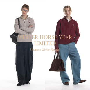 【马年限定 混纺羊毛】Unvesno(UN)RL马标刺绣绞花半拉链立领毛衣