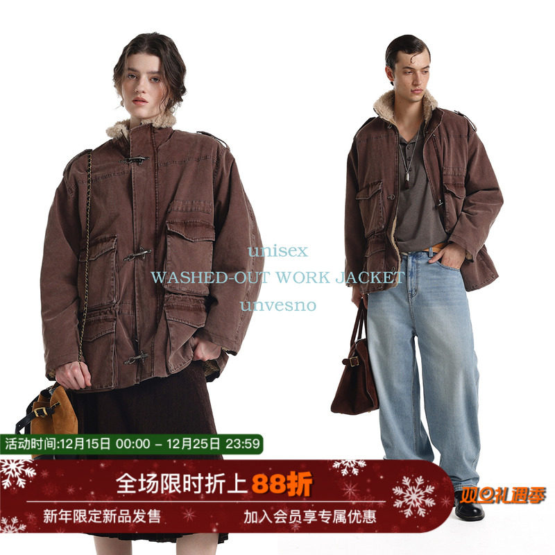 【羊羔绒】Unvesno(UN)工装飞机扣多口袋羚羊毛抽绳保暖夹克