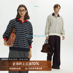 Unvesno(UN)MIU系复古学院慵懒条纹刺绣章百搭休闲POLO衫长袖