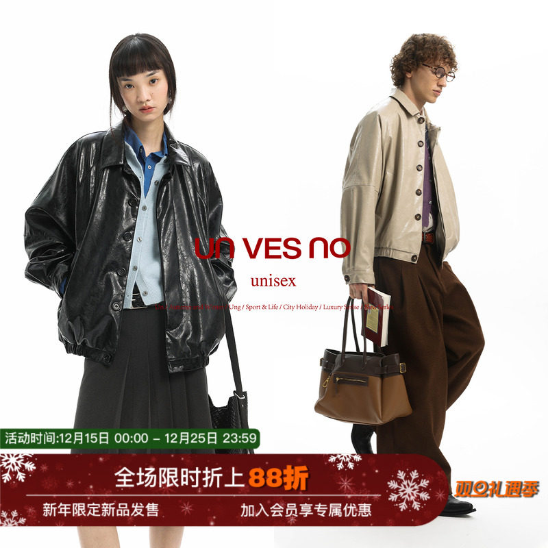 【复古油蜡皮】Unvesno(UN)中古翻领防风秋外套皮革夹克 明星同款