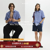 Unvesno 衬衫 MIU系百搭可叠穿双人舞刺绣蓝白格宽松休闲短袖