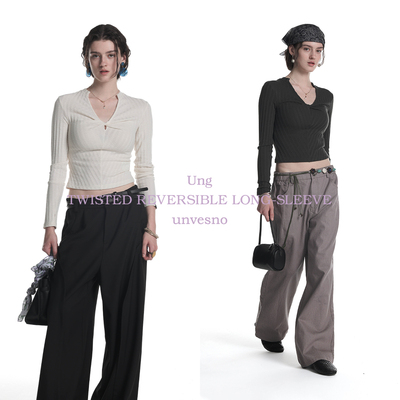 Unvesno(UN)老钱两穿扭结堆叠提花坑条正肩修女生身长袖上衣