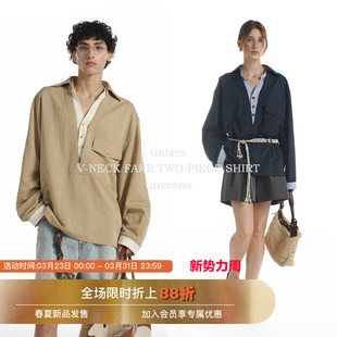 Unvesno(UN)老钱莱赛尔天丝V领假两件撞色宽松休闲长袖衬衫