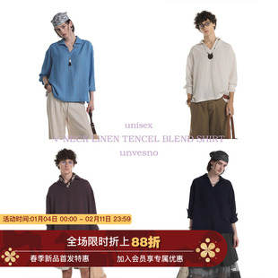 【亚麻莱赛尔】Unvesno(UN)极简老钱V领慵懒松弛感混纺套头衬衫秋