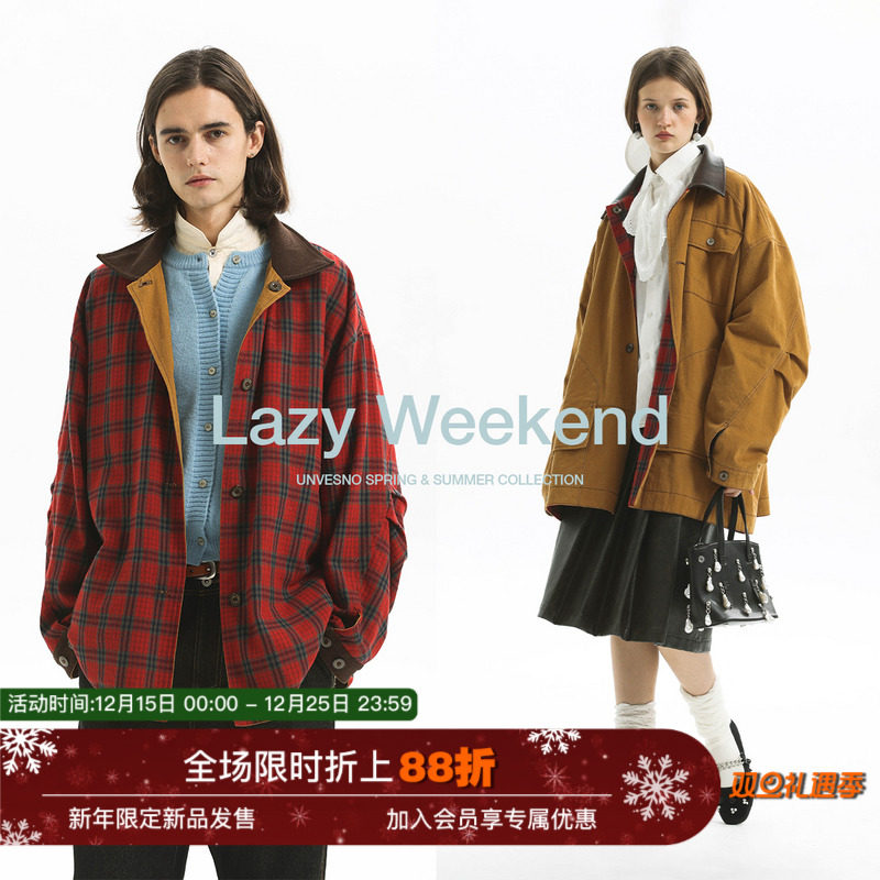 Unvesno(UN)双面穿猎装雪花磨毛正反两穿皮领斜纹+格子灯芯绒夹克