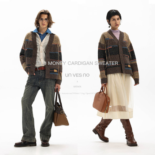 【手工钩针】Unvesno(UN)复古马海毛多色流苏条纹针织毛衣V领开衫