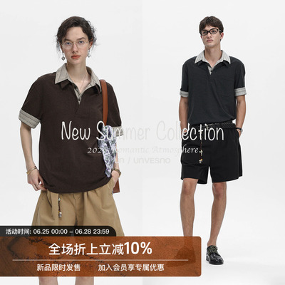 Unvesno(UN)Softfit老钱风翻领假两件拼接色织口袋条纹短袖polo衫