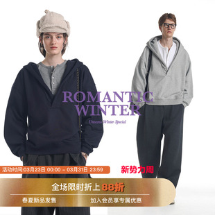 【加绒假两件】Unvesno(UN)静奢高智撞色亨利宽松休闲v领连帽卫衣