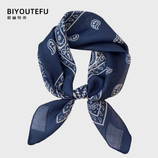 丝巾小方巾女复古藏青色腰果花棉麻领巾三角头巾街舞嘻哈发带裤 巾