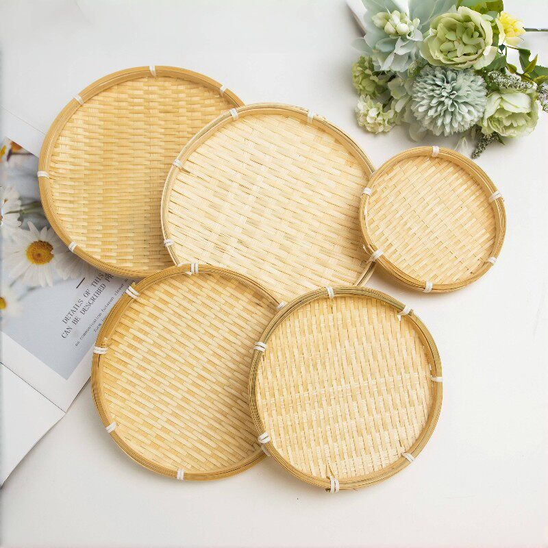 手工竹编果篮创意家用干果盘茶点盘小篮子豆腐奶竹筛子圆形簸箕