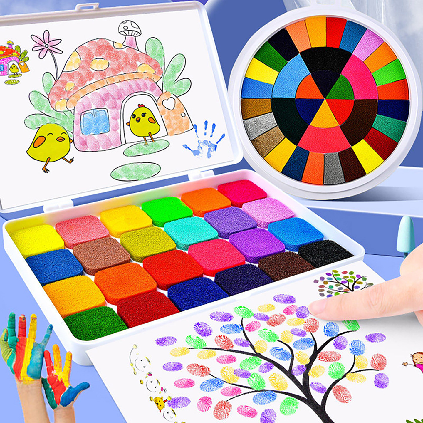 儿童手指画印泥彩色印泥印台手掌手指印泥盘幼儿园手指画印颜料绘画涂