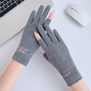 露指手套女士春秋保暖德绒户外骑行冬季防滑工作触屏写字采茶手套
