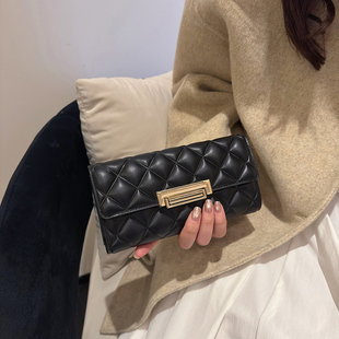 小众设计菱格钱包女高级感金属扣翻盖长款百搭多功能手拿手机包包