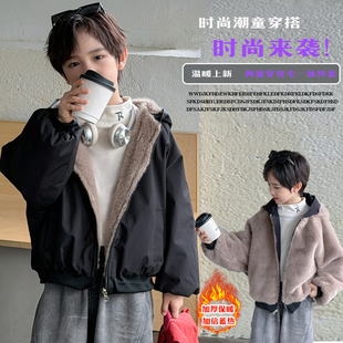 儿童两面穿座山雕外套加厚连帽亲子装男女童中大童棉服皮毛一体