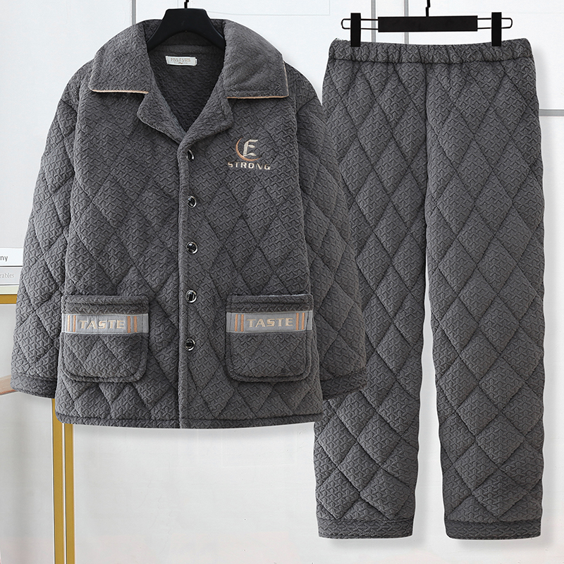 男士珊瑚绒三层夹棉袄睡衣中老年