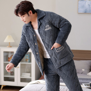 睡衣男冬天三层加厚加绒棉袄珊瑚绒夹棉保暖棉衣法兰绒家居服套装