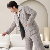 睡衣男冬天三层加厚加绒棉袄珊瑚绒夹棉保暖棉衣法兰绒家居服套装