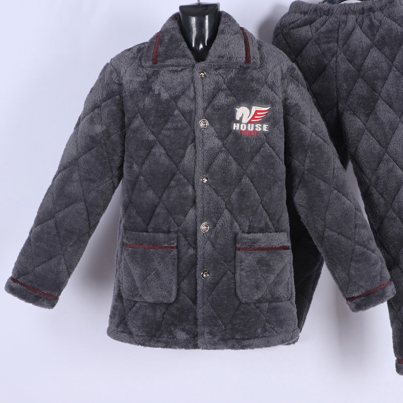 睡衣男冬款加厚加绒三层夹棉保暖