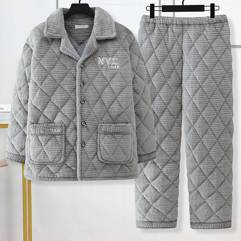 冬季男士三层夹棉保暖睡衣套装