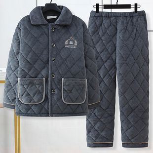 中老年爸爸睡衣男士冬季加厚加绒珊瑚绒三层夹棉保暖家居服秋冬款