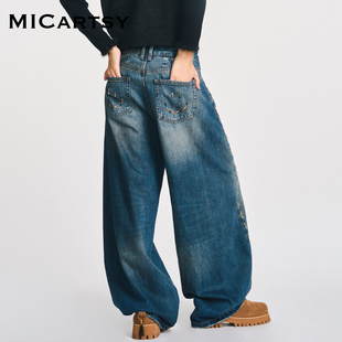 MICartsy王紫珊配饰车togo系列秋冬新款 水洗宽松阔腿弯刀牛仔裤