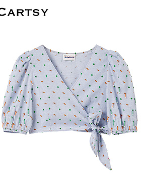 MICartsy王紫珊春夏新款泡泡袖绑带上衣V领衬衫BRBR084